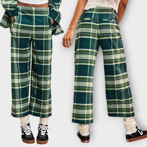 FREE PEOPLE NWT Acadia Green Combo Demi Plaid Pants Size 8 Cropped Wide Leg Punk - Picture 1 of 12